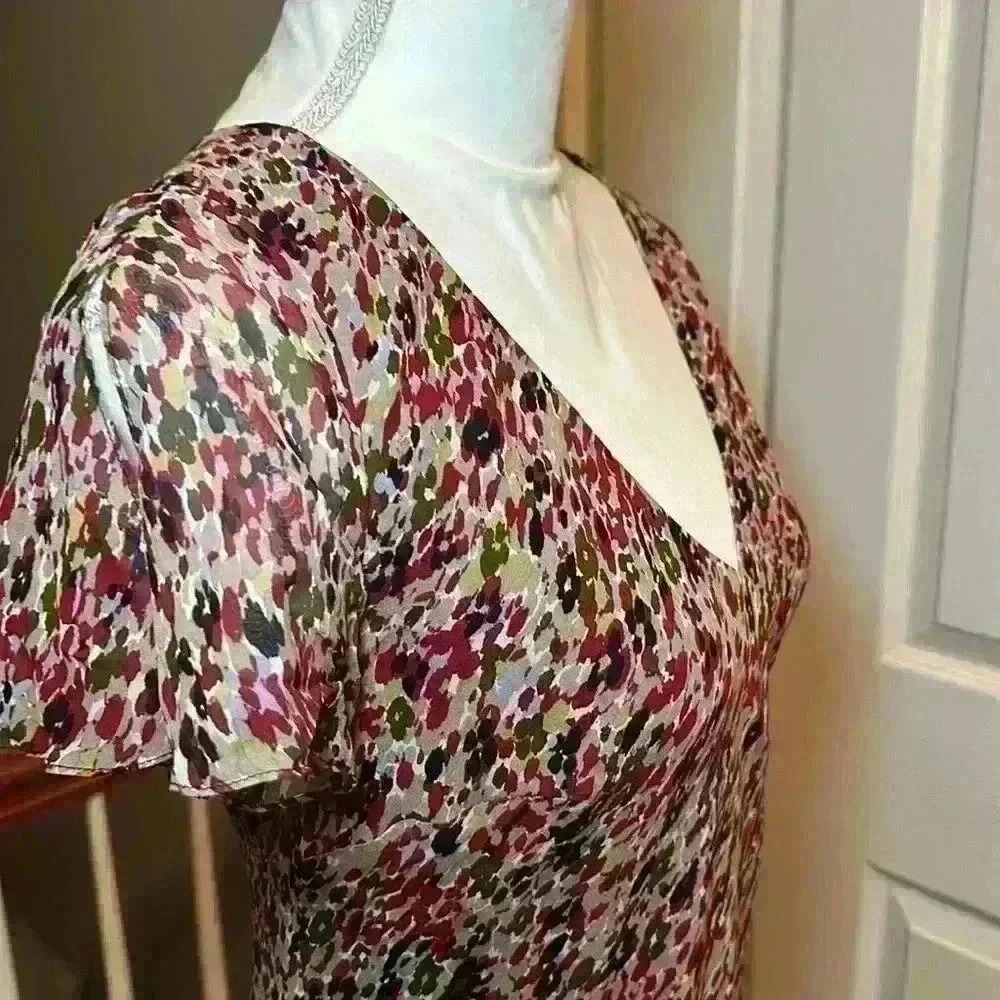 Shomi Vintage 100% Silk V-Neck Asymmetrical MultiColored Dress Women’s Size 10 - Picture 11 of 12